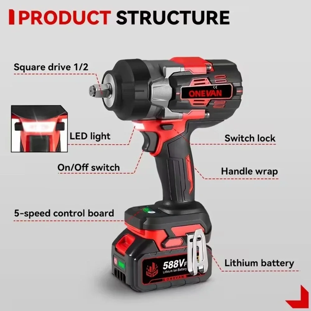 Cordless Electric Impact Wrench Gun‎ 1/2'' High Power Driver w/ 2 Li-ion Battery